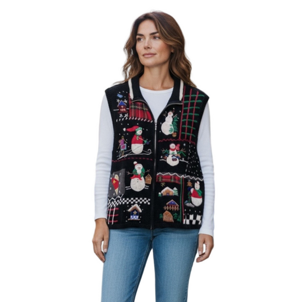 Vintage Snowman Christmas Sweater Vest Zip Front Embroidered Holiday Knit Studio